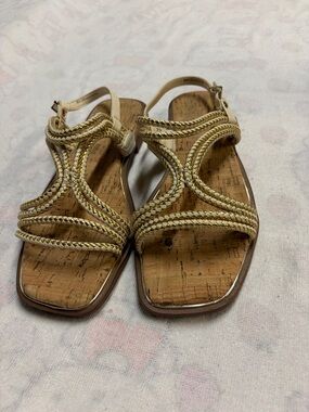 Vince Camuto Gold Braided T-Strap Cork Sandals